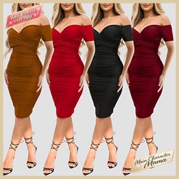 Satin Bodycon Midi Dress Off Shoulder Ruched Elegant Party Evening Wear - Picture 4 of 6